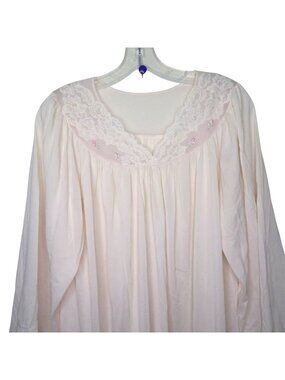 Vintage Shadowline Pink Nightgown Lace Trim Embroidered Details Long Sleeve